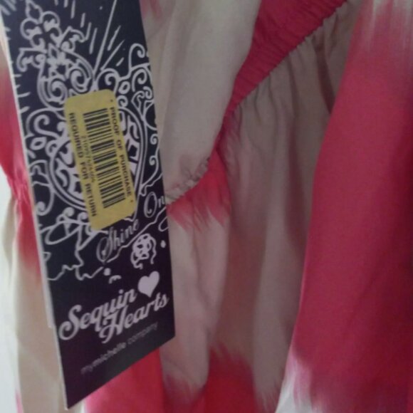 Sequin Hearts Strappy Dress Sz S Pink Tan Chevron Fit Flare Ruffle NEW - Picture 15 of 15